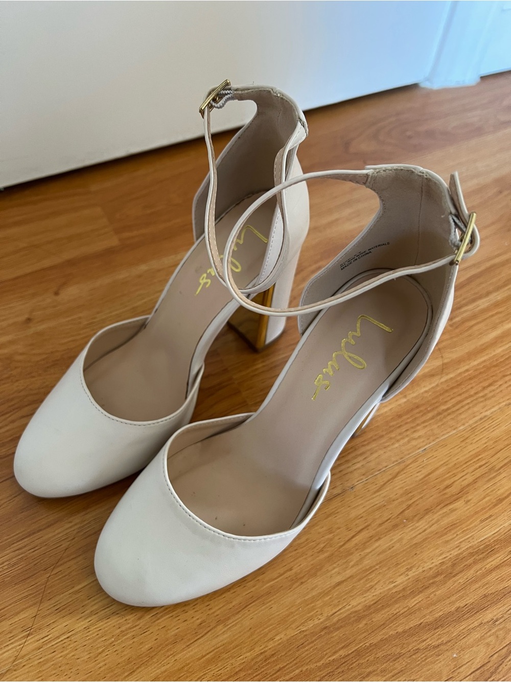 Lulu's Nude Ankle-Strap Block Heels with Gold Metallic Heel - Picture 2 of 7